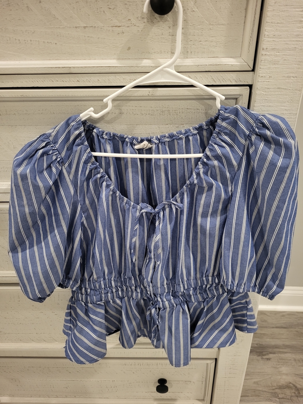 Blue Striped Puff Sleeve Peasant Blouse with Tie Front